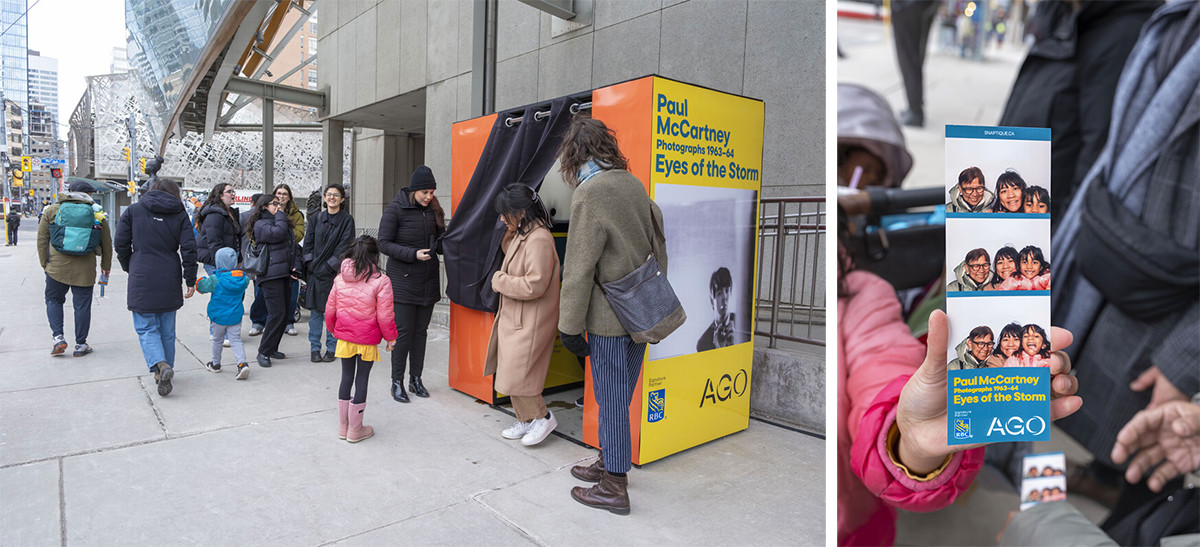 L: Paul McCartney Photographs 1963-64: Eyes of the Storm photobooth outside the AGO, sponsored by RBC, the exhibtion's signature partner. R: photobooth photostrip of three people