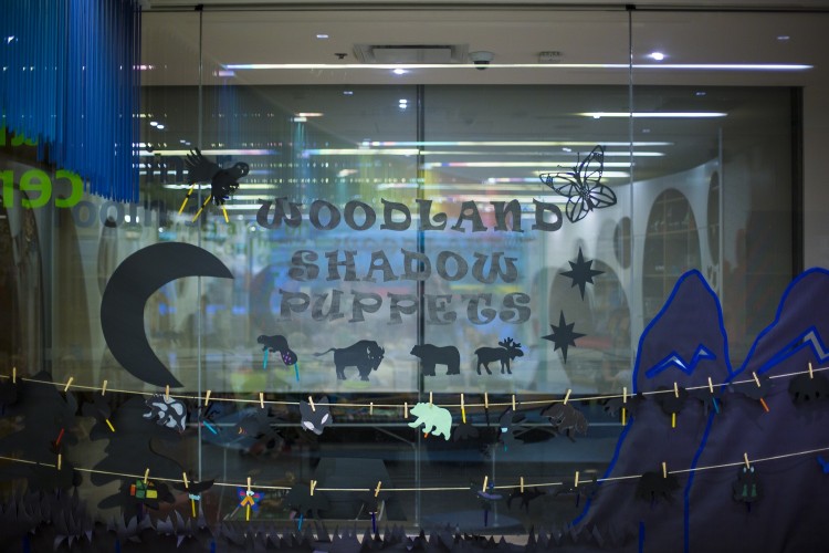 A window display bears the title "Woodland Shadow Puppets" above a laundry line of animals puppets.