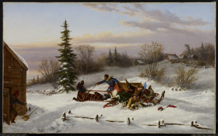 Cornelius Krieghoffs painting of a horse sleigh overturned.