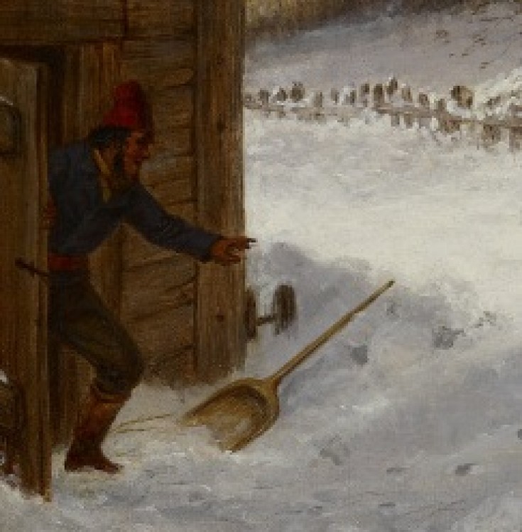 A close up of a Conrnelius Krieghoff painting featuring a man angrily coming out of a wooden building.