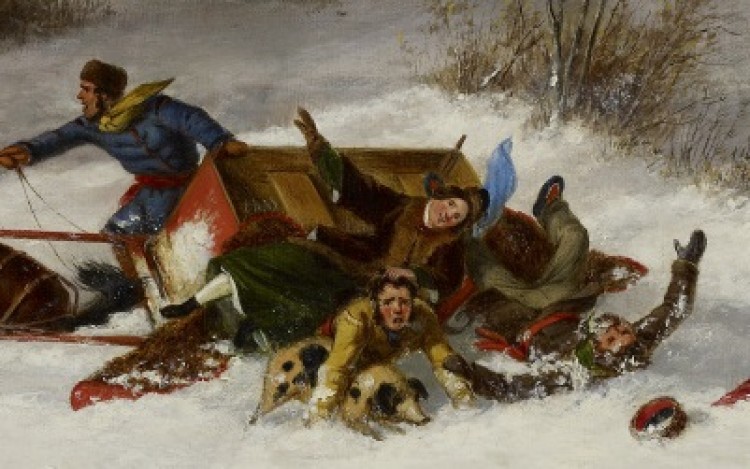 A close up of a Conrnelius Krieghoff painting featuring an overturned sled with four men sprawled on the ground, one on top of a black and white pig.