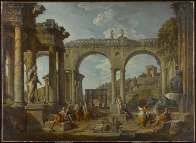 A painting with ancient Roman figures among Ancient roman ruins