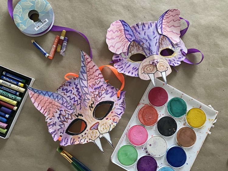animal masks made of paper, watercolour and pastels