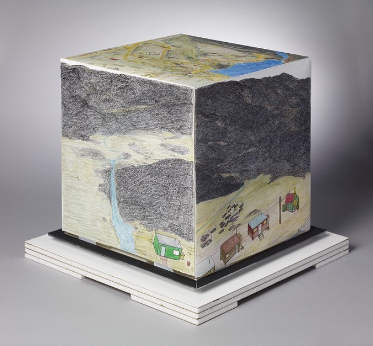 Shuvinai Ashoona, Composition (Cube), 2009. Coloured pencil, black porous-point pen on paper. Overall: 41.9 x 39.4 x 39.4 cm. Purchased with the assistance of the Joan Chalmers Inuit Art Purchase Fund, 2009. © Shuvinai Ashoona / Courtesy of Dorset Fine Arts 2009/925180.
