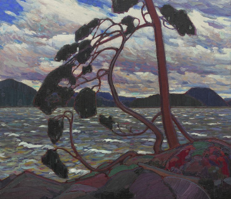 Painting of a tree drooping downwards against cloudy skies and a seascape
