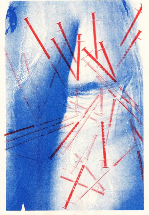 An artwork by Maddie Alexander with red needles over an xray image