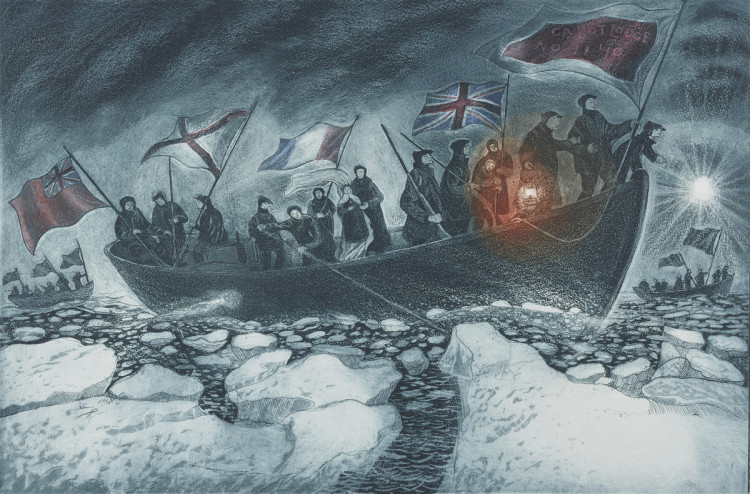 David Blackwood, Wedding on Deer Island. Etching, aquatint, colour washes, white pencil.