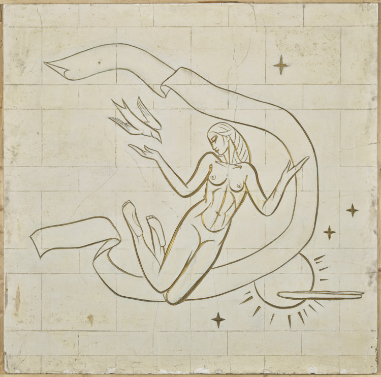 Elizabeth Wyn Wood, Sending, c. 1957-61. Plaster, paint, Overall: 158.3 × 153.6 × 2 cm.