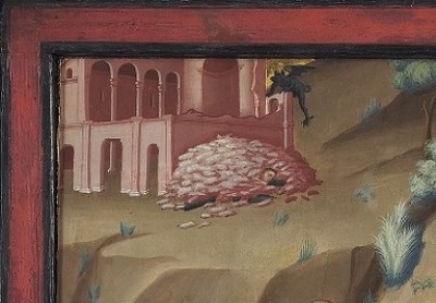 Top corner of a painting with devil and building