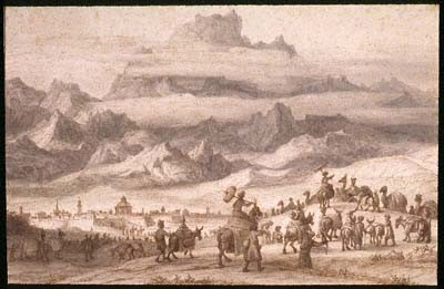 Noah's Ark on Mount Ararat, a Camel Train outside a City in the Foreground painting by Lambert Doomer 