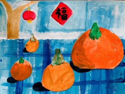 painting of red lantern hanging on tree and four pumpkins in the foreground