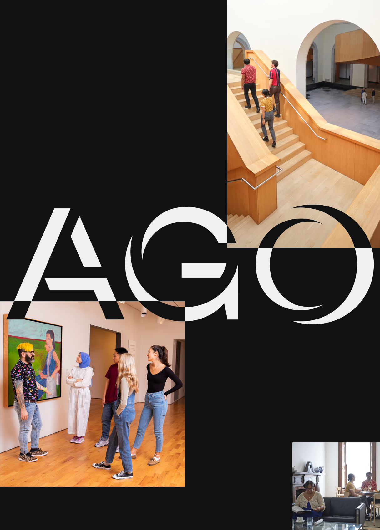 AGO logo with three images of visitors in gallery