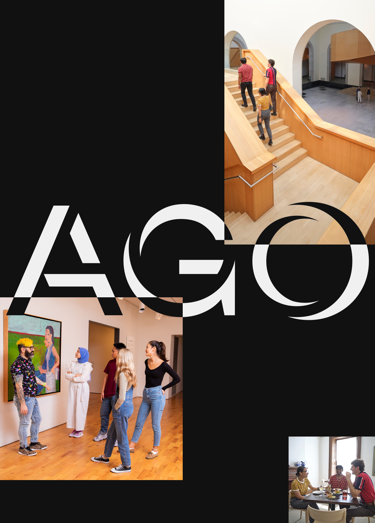 AGO logo with three images of visitors in gallery