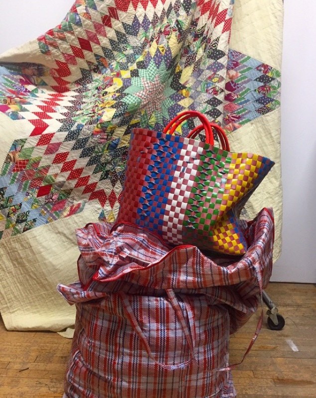 hand made tote bags with quilt in background