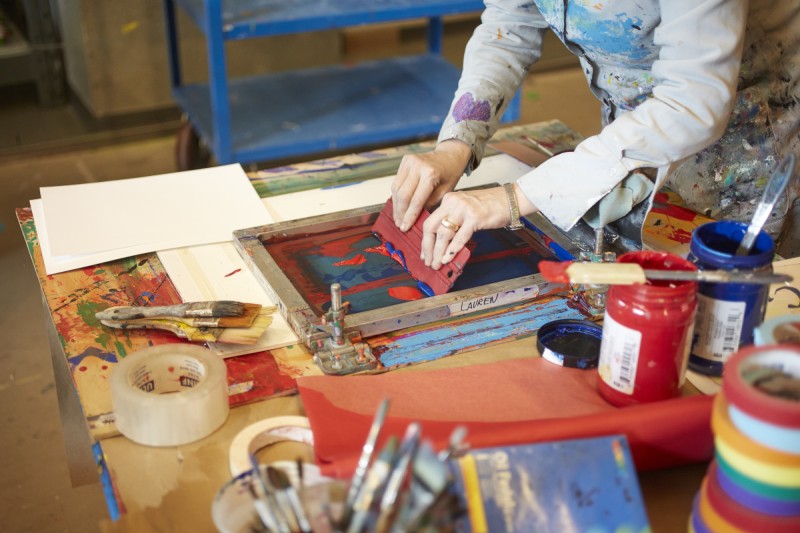 Silkscreening in a printmaking course