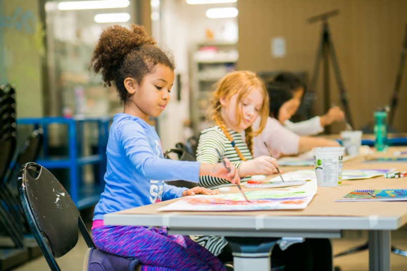 children painting at table