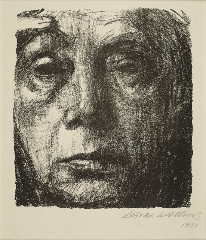 self-portrait in graphite on paper by female german artist Kathe Kollwitz
