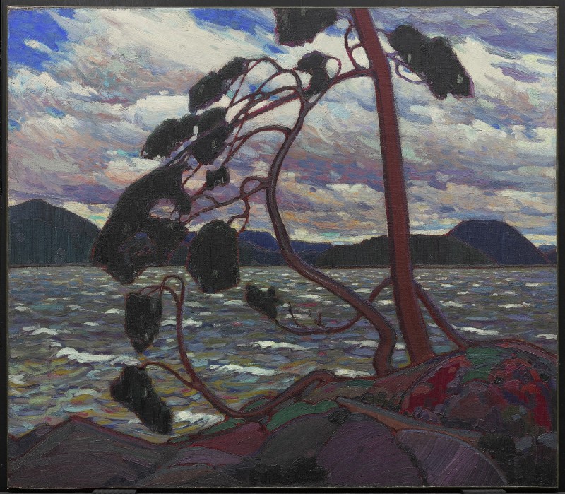 Tom Thomson's painting "The West Wind" featuring a tree against a lake and mountainous background.