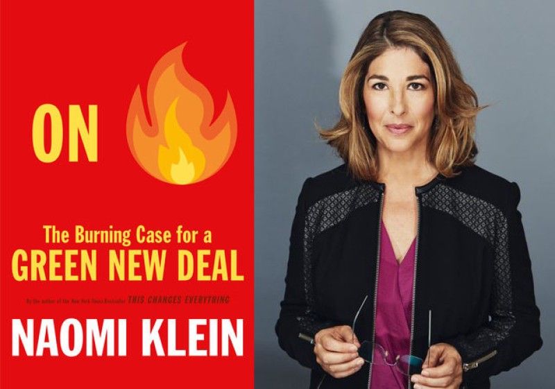 Naomi Klein and book cover for The Burning Case for a Green New Deal
