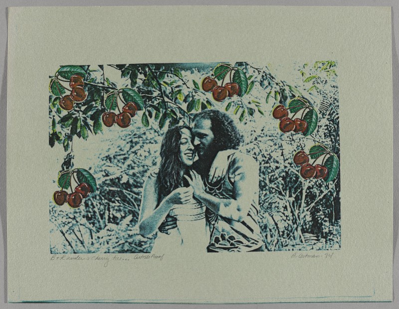 Two people embracing under a cherry tree. 
