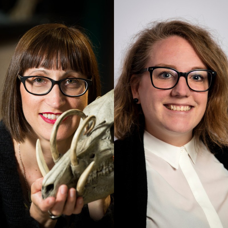 Speakers Helen Chaterjee wearing dark-framed glasses and holding an animal skull, and Melissa Smith in a white shirt