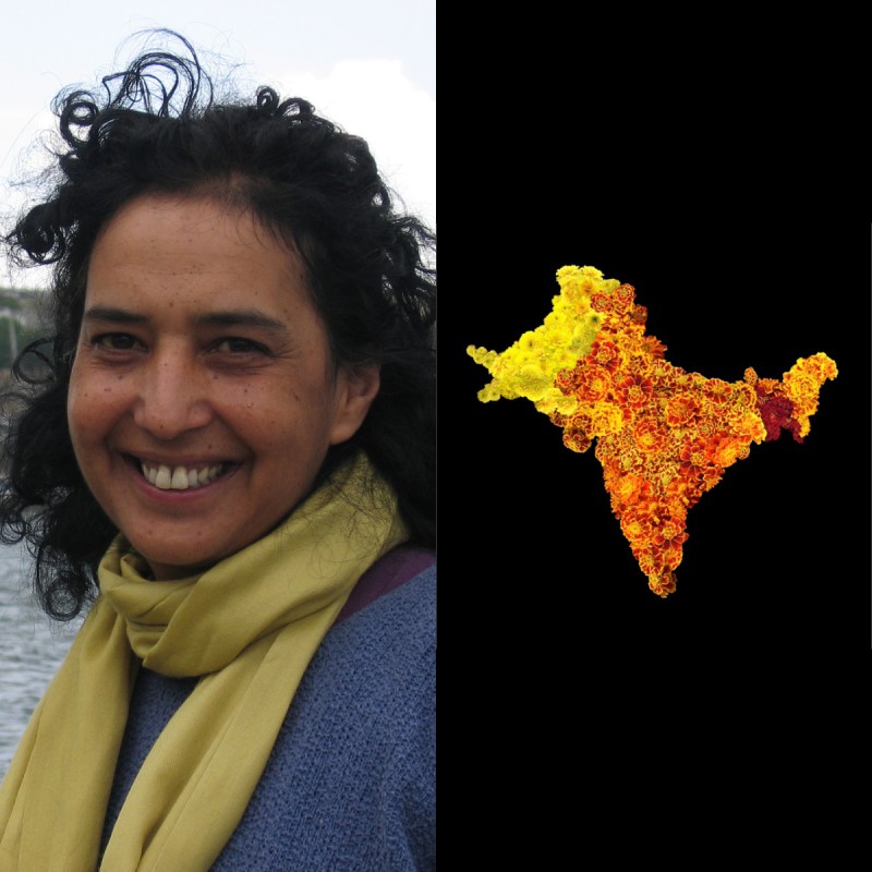 composite image of the artist Sarindar Dhaliwal in a light green scarf and blue sweater, on the right image of the work The Radcliffe Line