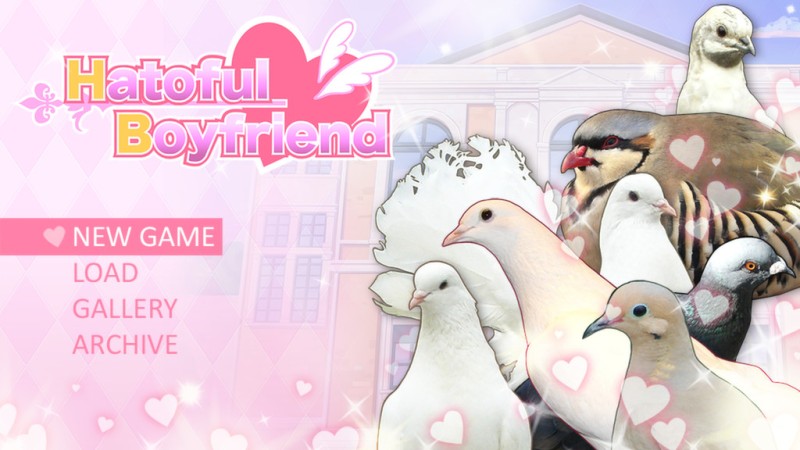 Seven birds pose in front of a building. Text reads: "Hatoful Boyfriend"