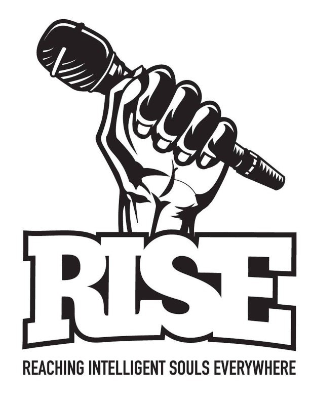 Black and white graphic of a hand holding a microphone. The word, "rise" is overlayed in block letters.