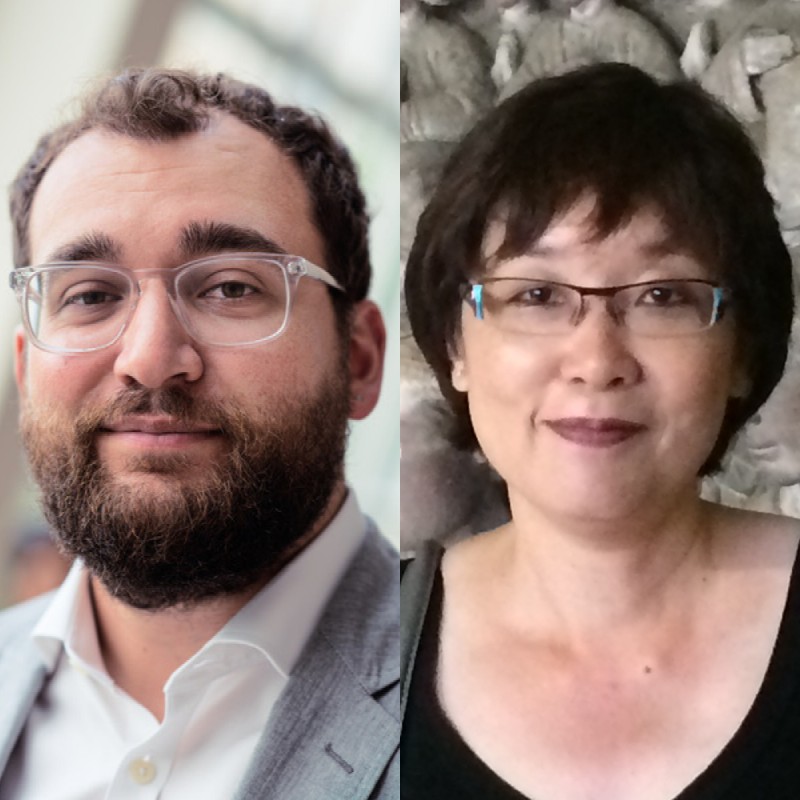 headshots of speakers Adam Levine and Nancy Wu