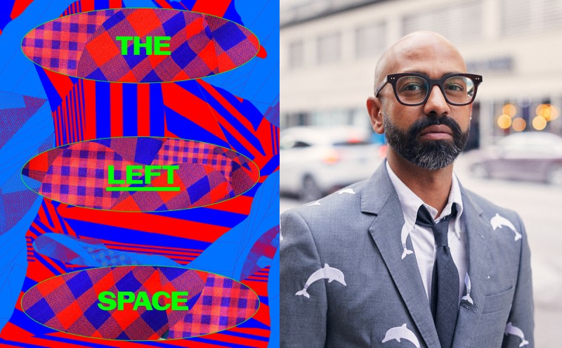 (Left) An abstract graphic featuring a red and blue checkered pattern. Green text is overlaid in the centre reading, "The Left Space." (Right) Artist, Brendan Fernandes, stands wearing a suite, tie and black glasses.