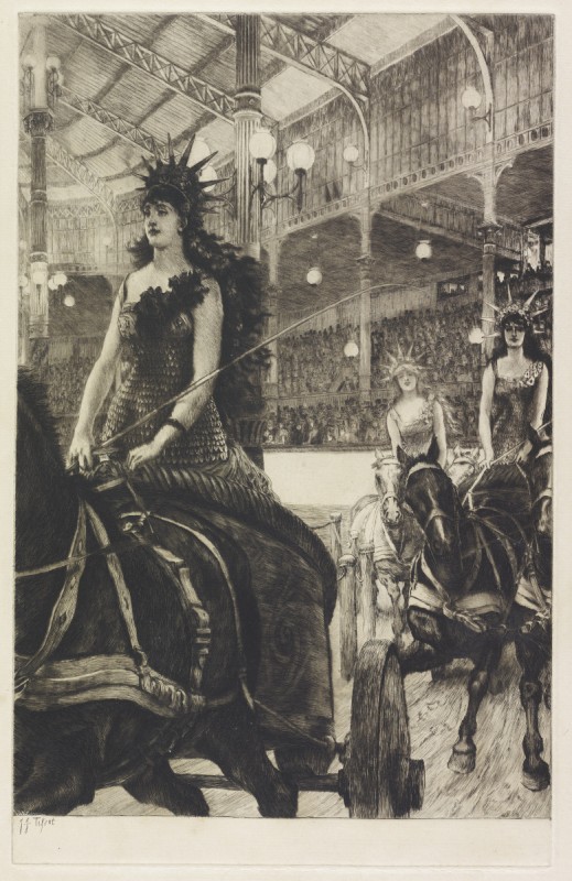 This artwork depicts as scene of women riding in chariots, pulled by horses. The woman in the foreground wears a black gown and ornamental headpiece. Two women ride in chariots in the background wearing similar costumes. Decorative arches, railings and can be seen in the background, along with a blurry crowd of spectators.