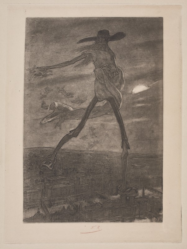 A black and white lithograph. A figure with elongated limbs can be seen in the centre wearing a cloth wrapped around their body. Below the figure there is a cityscape at night. The moon can be seen peaking through the clouds in the distance.