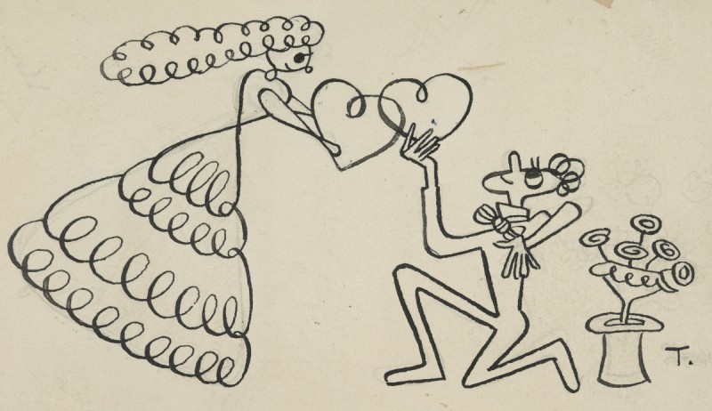 An illustration of two figures exchanging two drawn hearts. The figure on the right bows on one knee as the other, donning a dress, looks down on him. A bouquet of flowers can be found to the left of them held in a top hat.