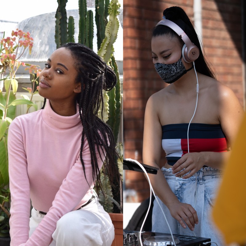 (Left) Figure, wearing a pink turtleneck and white jeasn, sits in front of tall cactus. They have dark braided hair and look into the camera. (Right) Artist, wearing face masking covering their mouth, don pink headphones and a braid. They are looking at a DJ page and laptop, situated just out of the frame.