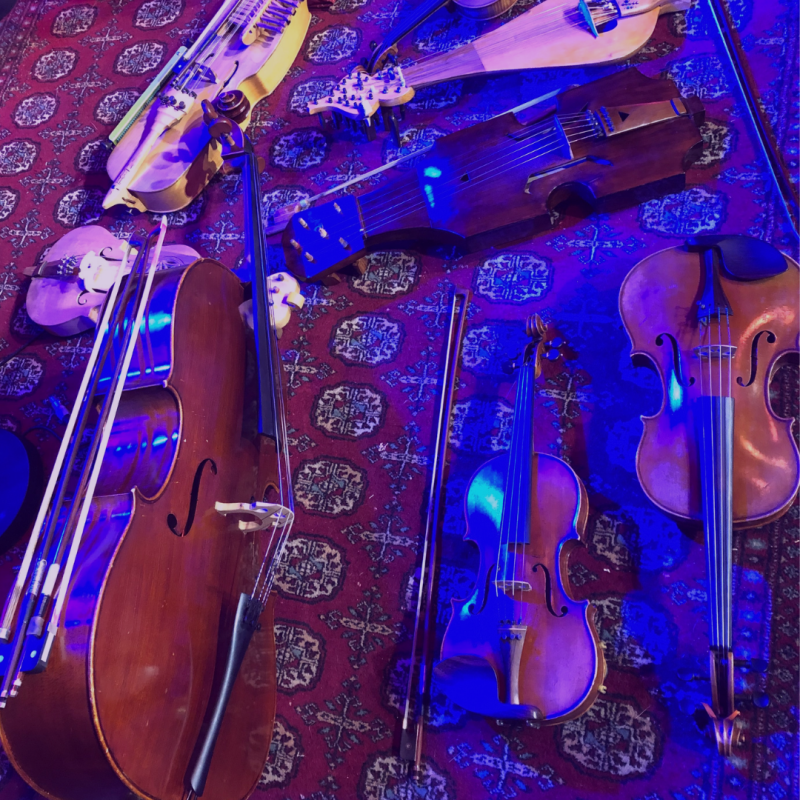 A red carpeted floor covered with various string instruments. A blue light is cast over the scene, growing more intense as you move right across the image.