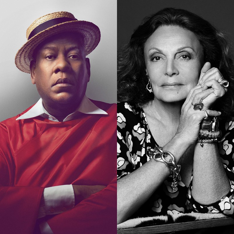 headshots of speakers Andre Leon Talley in a red top and straw boater hat, and Diane von Furstenburg in black and white