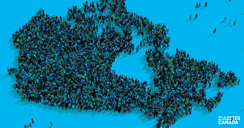 Digital illustration of a large group of figures creating the outline map of Canada 