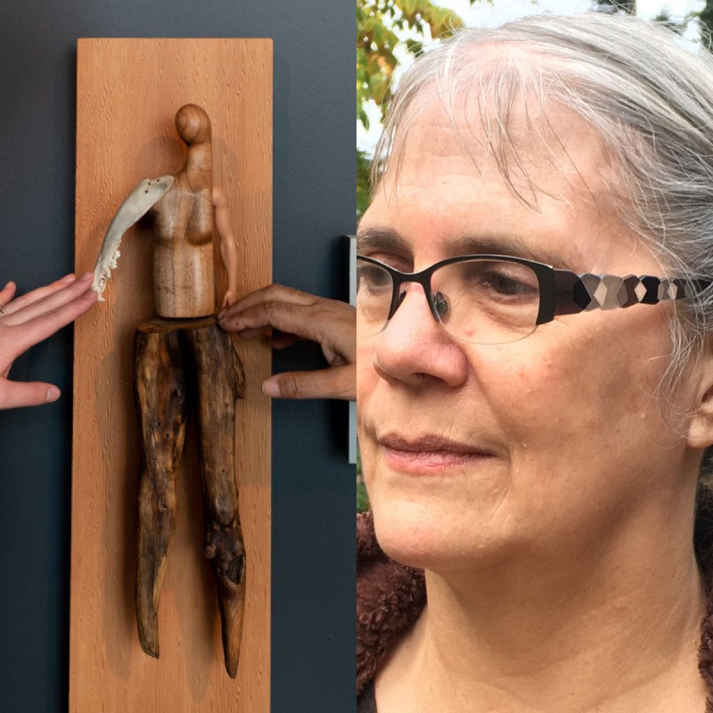 Image split into two: On the left a photo of two hands outside the frame reaching to touch a sculpture by Persimmon Blackbridge. The piece is titled “Soft Touch”, and is a handcrafted figure made of wood, bone and plastic to resemble a person constructed from found objects. It is mounted on a wood panel. On the left photograph head shot of figure wearing glasses with white hair