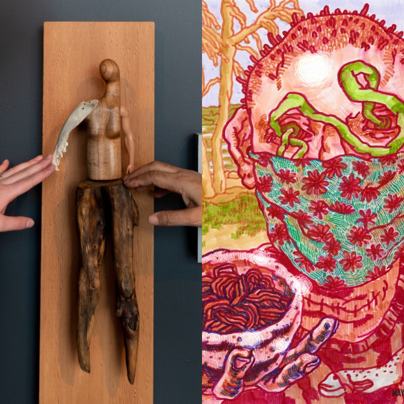 Made up of two separate images. On the right is an illustration of figure wearing a mask and holding a bowl. The left is a photograph of hands reaching out to a wooden mannequin on a surface
