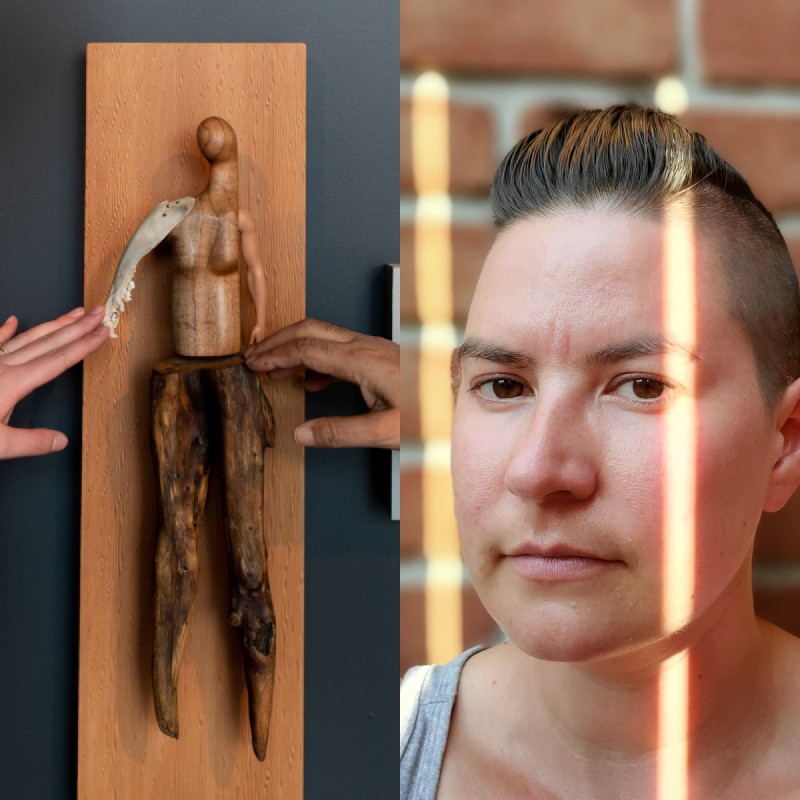 Image split into two: On the left a photo of two hands outside the frame reaching to touch a sculpture by Persimmon Blackbridge. The piece is titled “Soft Touch”, and is a handcrafted figure made of wood, bone and plastic to resemble a person constructed from found objects. It is mounted on a wood panel. On the left photograph head shot of figure looking at camera with sunlight on their face