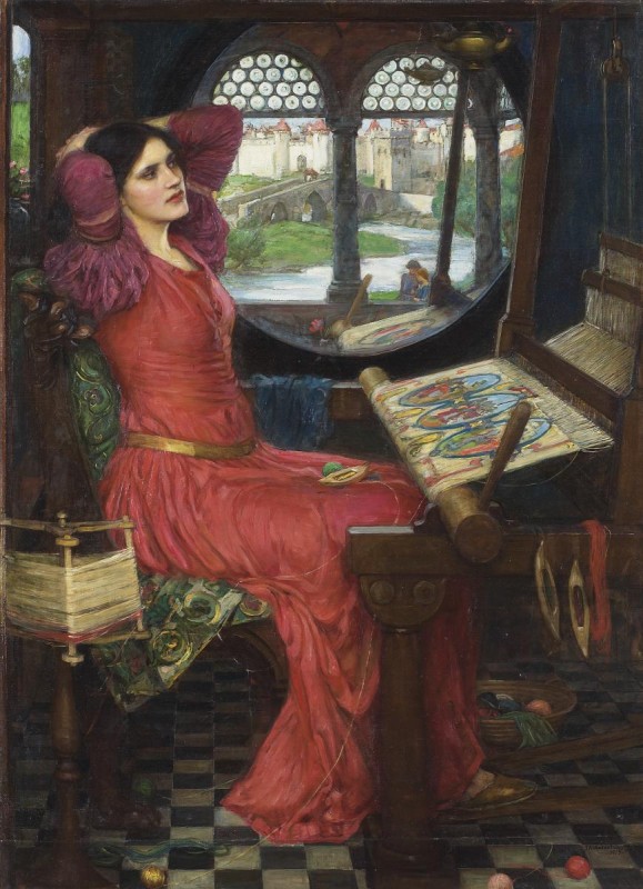 Woman wearing a red dress sat at a loom next to a window with her hands behind her head