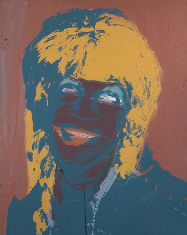 Painting of Marsha P. Johnson, American activist, self-identified drag queen, performer, and survivor by Andy Warhol. The portrait features layers of paint in deep teal, golden yellow, deep brown and pale pink-brown. 
