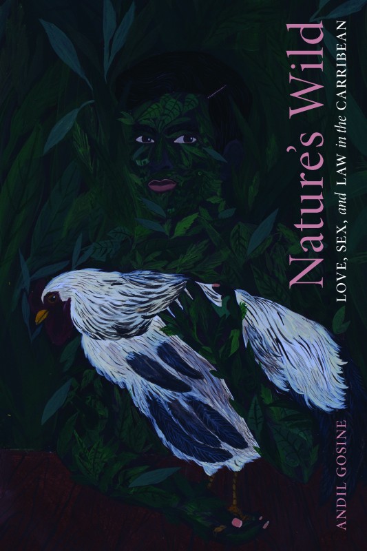 Book cover of Nature's Wild featuring a dark green and blue painting of a figure receding into a leafy jungle, leaves making up their shape, the figure is holding a white rooster with a red comb. On the right side of the image, running vertically, is the book's title in pink and white serif text.  