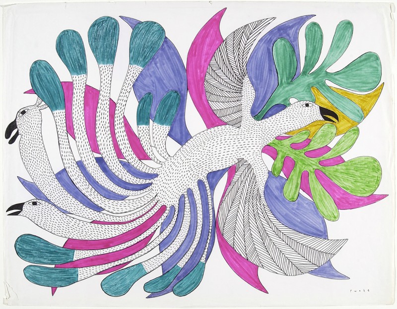 Kenojuak Ashevak's artwork of birds and flowers, colourful and fanciful, the white birds are overlaid onto bright pink, blue and green flora.
