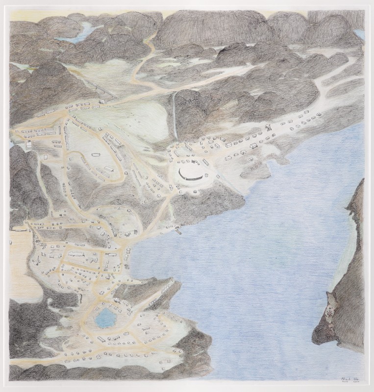 A drawn image of Cape Dorset from high above. The town is displayed small, looking close, creatures or monsters can be seen amongst the town.