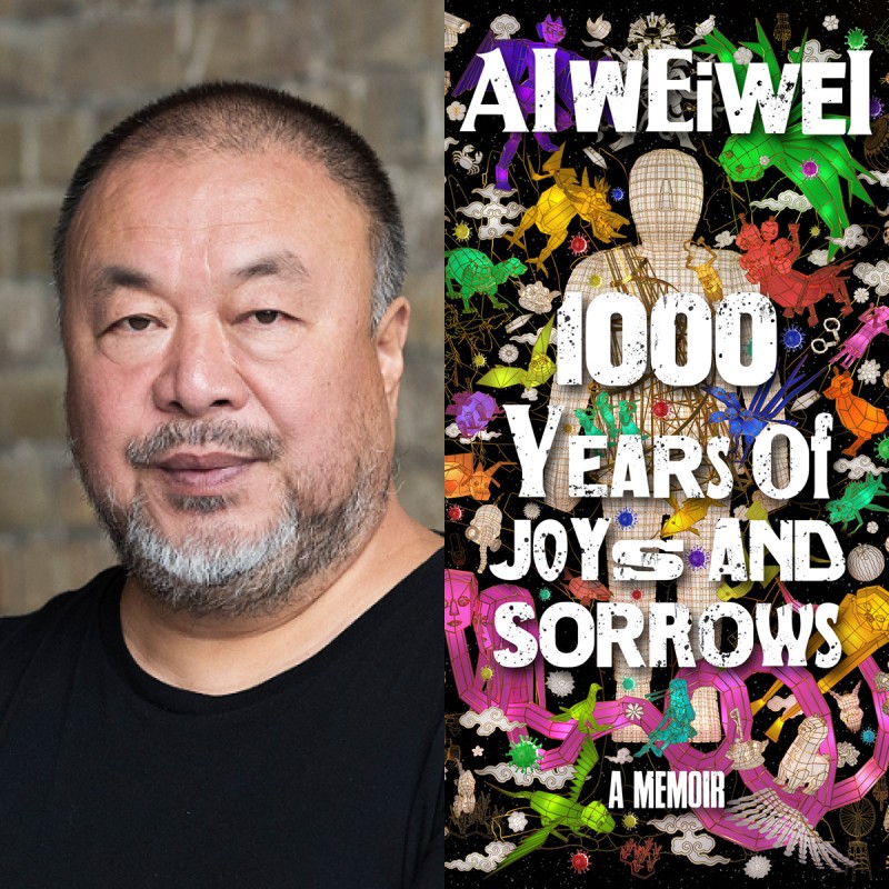 composite image of artist Ai Wei Wei in a black tshirt and the cover of his memoir 1000 Years of Joys and Sorrows. The book cover is black with multicoloured objects and animals with white text.