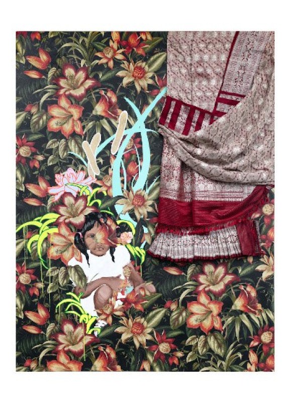 photo of a multimedia work of a small girl crouched below a textile against a background of green, cream, red flowers. artist's mother's sari, gouache, acrylic, faux flower, and oil on printed fabric. 68 x 54 in