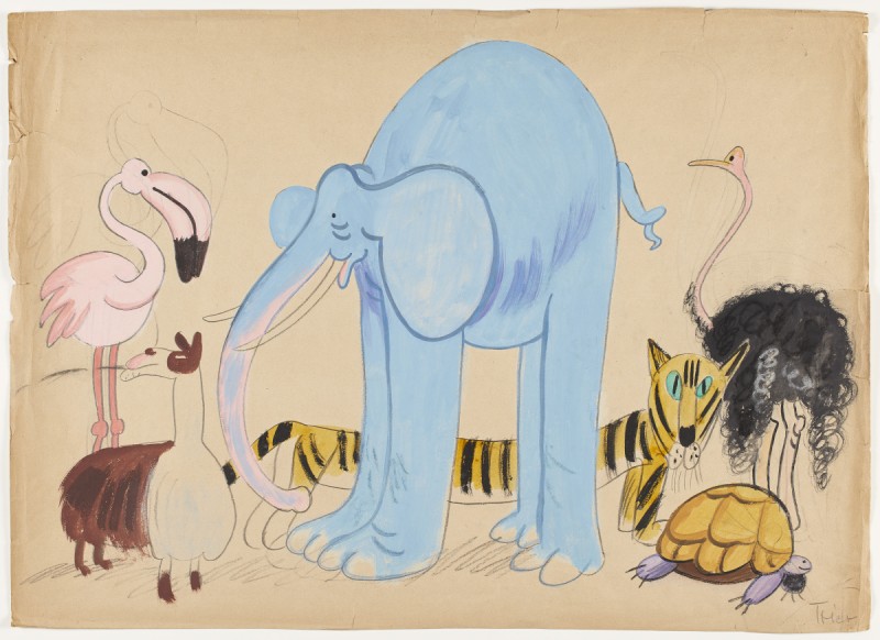 Cartoon drawing of a group of animals. A blue elephant is in the middle. To it's left is a pink flamingo and brown and white lama. Behind the elephant is a stripped black and yellow tiger and to the right of the elephant is a ostrich and turtle 