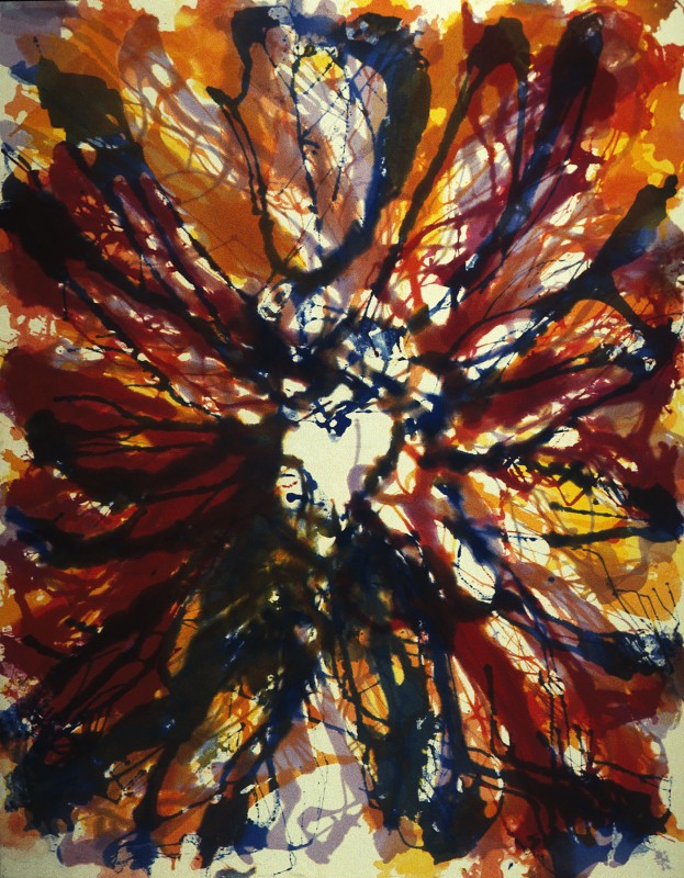 Abstract painting with a bright heart-shaped spot in the centre. Red, orange, blue, and purple paint splattering extending from the centre outwards.