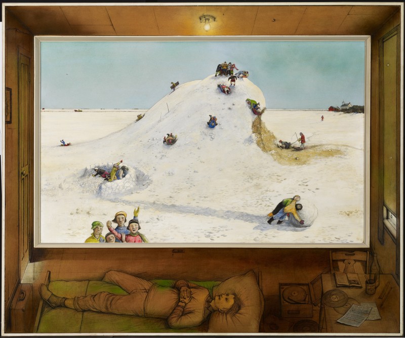 Detailed illustration of a figure lying on a bed, looking up at the ceiling. A second image is embedded within the scene, like a window. It depicts figures outside, playing in the snow.
